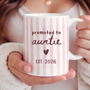 Promoted to Auntie Mug Striped Personalized Auntie Mug Baby Reveal Mug Coquette New Aunt Announcement Gift Long Distance Pregnancy Reveal