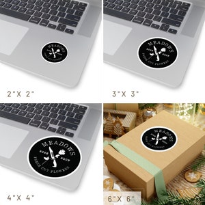 May include: A black and white sticker with the text "Meadows Rose Shop Fresh Cut Flowers" in a circle. The sticker is shown on a laptop, a gift box, and a laptop. The sticker is available in four sizes: 2 inches by 2 inches, 3 inches by 3 inches, 4 inches by 4 inches, and 6 inches by 6 inches.
