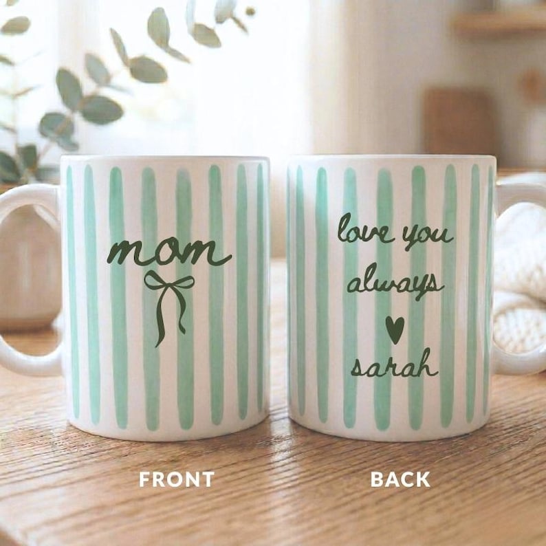 Custom Mom Mug Gift Striped Mom Coffee Cup from kids Personal Message Mug Mama Mug Personalized Names Mom Keepsake Mug New Mom Gift Coquette Green