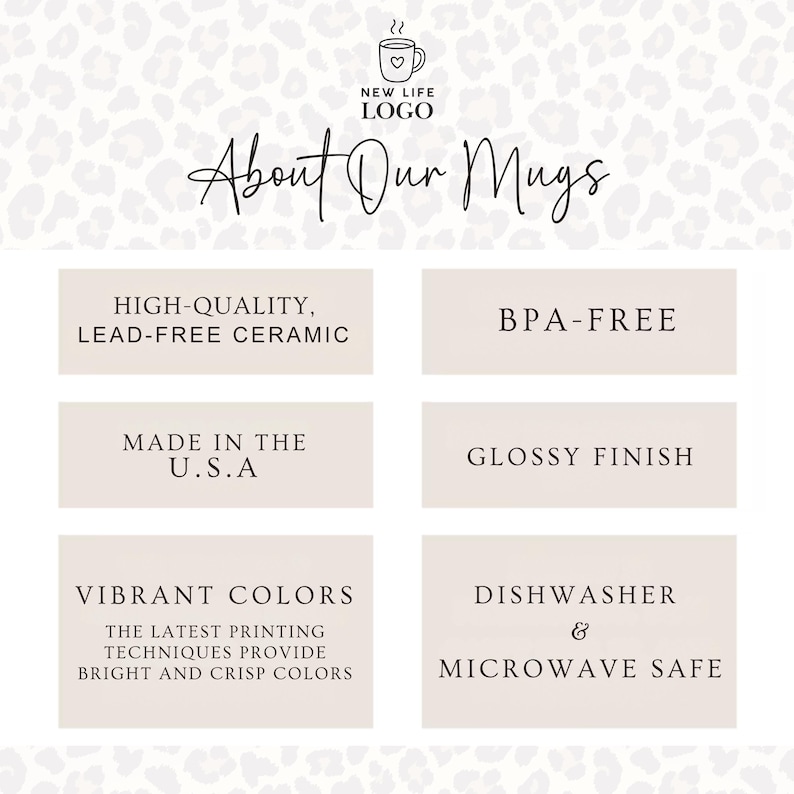 May include: Image promoting mugs with the text "About Our Mugs." Features include high-quality, lead-free ceramic, BPA-free, made in the U.S.A., glossy finish, vibrant colors, and dishwasher and microwave safe.