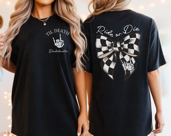 Bride or Die Bachelorette Shirts TIL Death Do Us Part Halloween Bachelorette Ride or Die Skeleton Party Favors Rock and Roll Checkered Gift