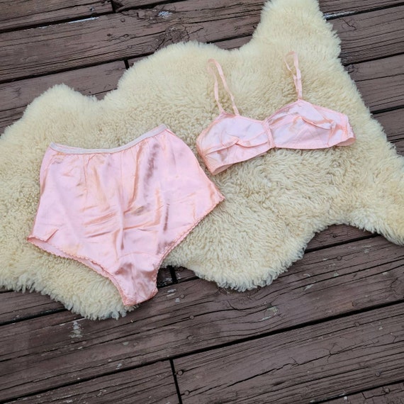 Vtg 1930s Rayon Pink Lingerie Set, Bra, Underwear
