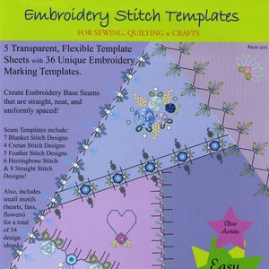 May include: Embroidery stitch template sheets for sewing, quilting, and crafts. Includes 5 transparent, flexible sheets with 36 unique embroidery marking templates. Features full-color instructions. Easy to use and cut apart.