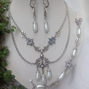 Beliebtes Trachtenschmuck-Set 3-tlg. Kropfkette, Armband, Ohrringe aus Tropfenperlen weiß schimmernd Bild 1