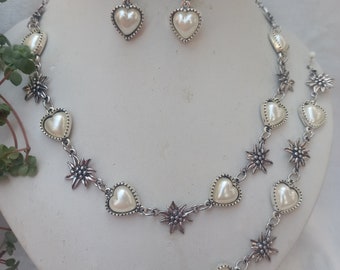 Traditional costume jewelry set 3-piece with white heart cabochons + edelweiss blossoms in antique silver