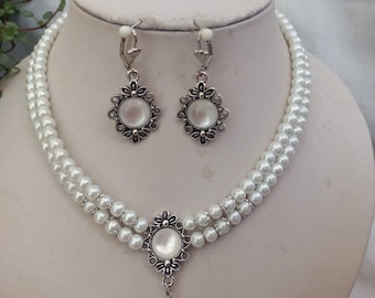 Traumhaftes Perlenketten-Set aus edlen 2-reihigen weißen Perlen mit Cateye-Cabochon + Tropfen