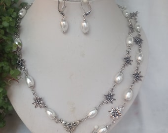 Adorable traditional costume jewelry set 3-piece white with olive pearls - necklace, bracelet, earrings