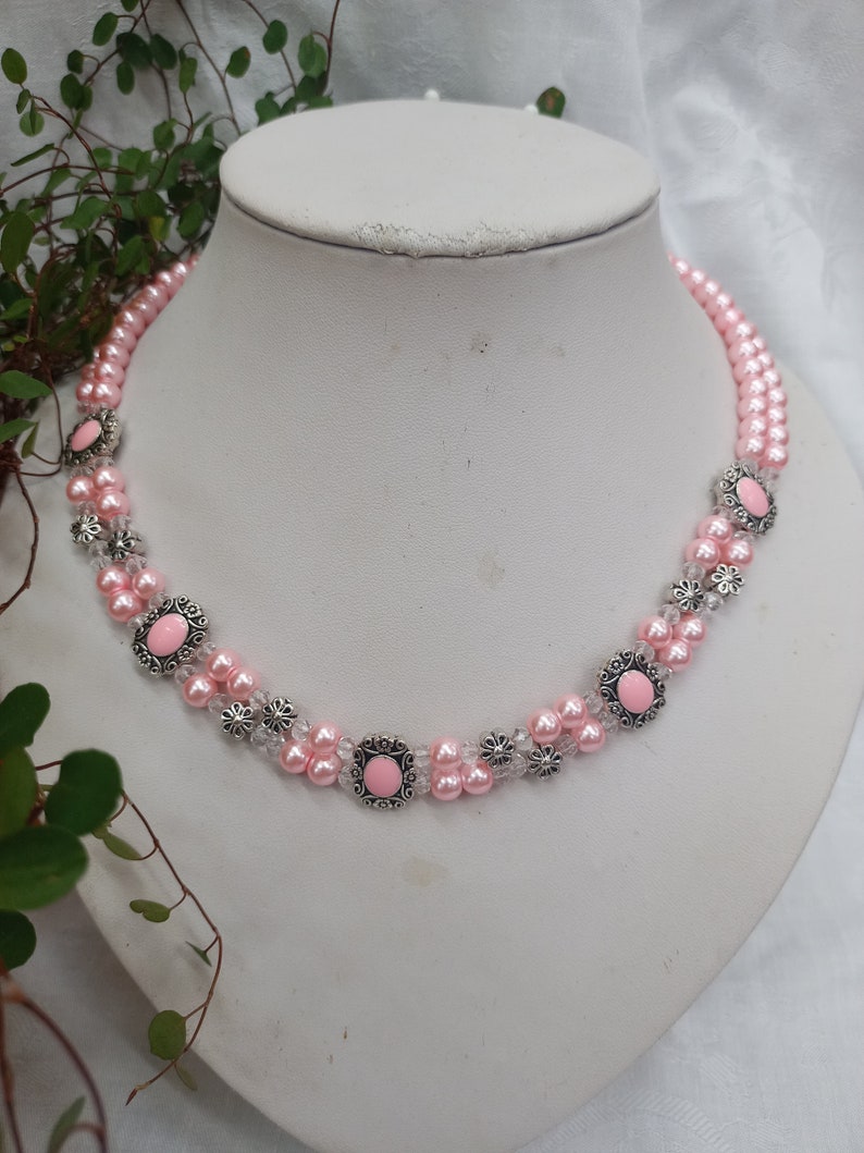 Unique pearl necklace 2-row pink with flowers enamel connectors traditional jewellery image 1