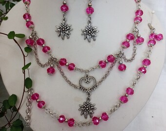 Grandioses Trachtenschmuck-Set 3-tlg. Kristallperlen und Edelweiß in pink transparent