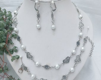 Zierliches Dirndlschmuck-Set weiße Perlen, Herzen + Edelweiß - Braut Hochzeit