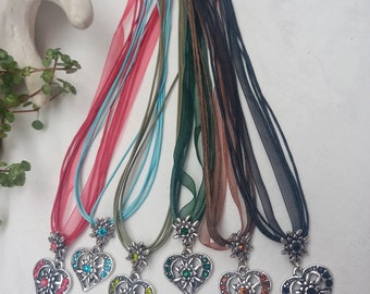 Magnificent traditional costume necklace with heart pendant + edelweiss flower in many colors
