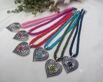 Traditional cord necklace traditional costume jewelry with edelweiss in heart pendant in many colors