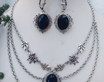 Elegant traditional costume jewellery set 2-piece made of faceted black cabochons - necklace and earrings