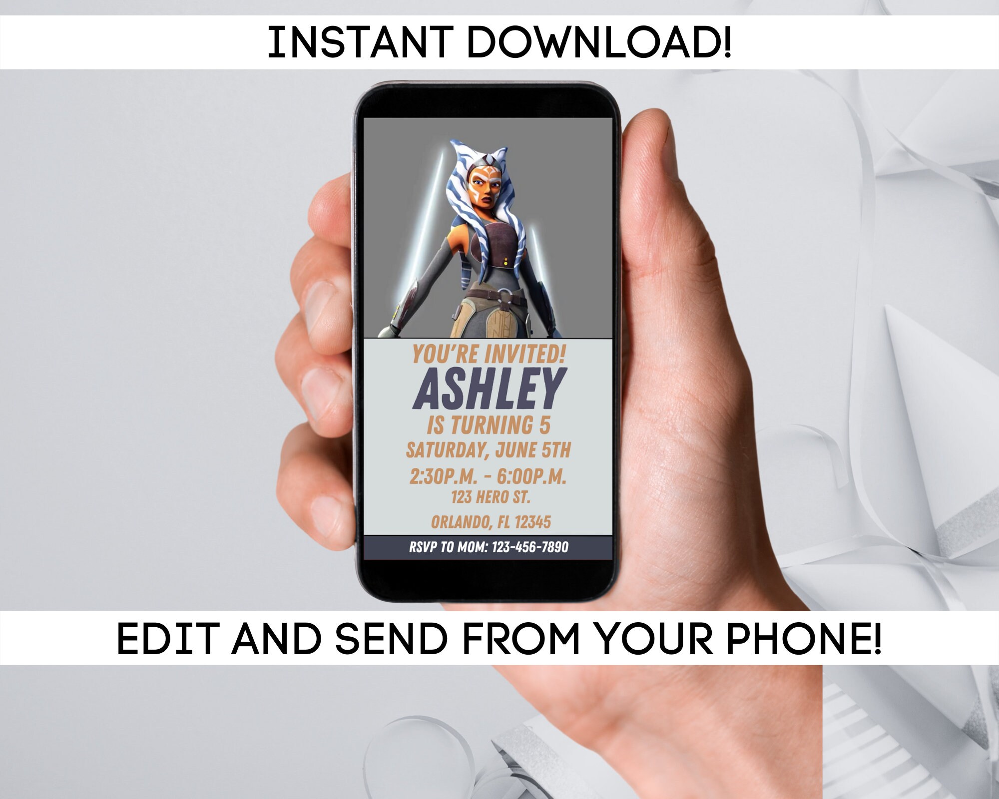 Ahsoka Tano Birthday Invitation Ahsoka Phone Invite Ahsoka Etsy Ireland