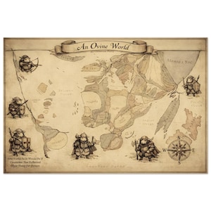 May include: A detailed map titled "An Ovine World" with a vintage aesthetic. The map depicts a world with illustrations of sheep-like characters, a compass rose, and text in English and another language. The text "The World As It Would Be If Countries Stue Reflected Their Sheep Per Person" is also present.