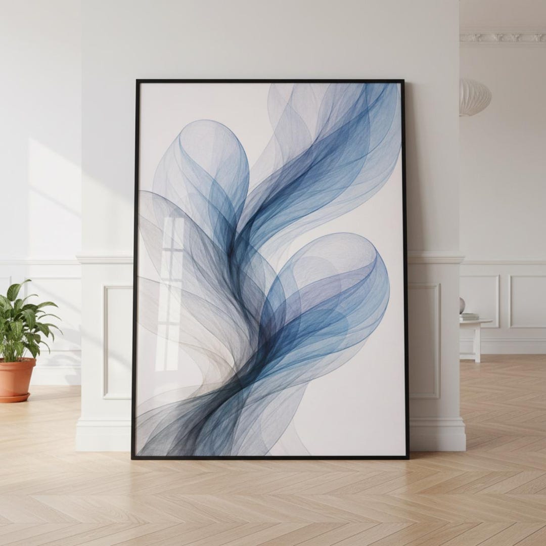 Blue Smoke Abstract Rolled Poster | Minimal Wave Wall Art - Etsy