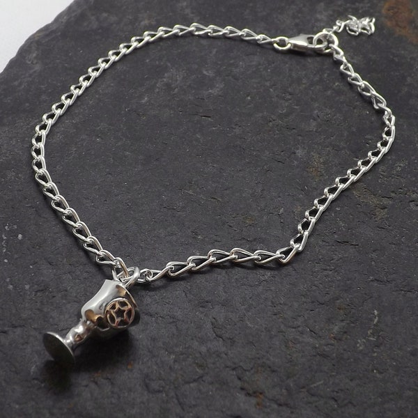 Sterling Silver Pentagram Chalice Anklet Ankle Bracelet, Sterling Silver Pagan Pentagram Chalice Jewelry, Pentagram Chalice Charm