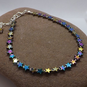 Sterling Silver Rainbow Hematite Stars Choker Necklace, Sterling Silver Hematite Stars Necklace, Rainbow Hematite Necklace, Gift for Her