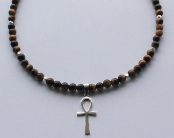 Natural Tiger Eye and Sterling Silver Ankh Gemstone Necklace, Sterling Silver Ankh Necklace, Tiger Eye Sterling Silver Egyptian Ankh Choker