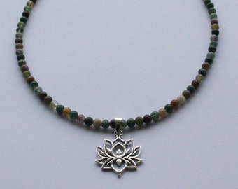 Sterling Silver Lotus Pendant Gemstone Choker Necklace, Indian Agate Gemstone Beaded Necklace Sterling Silver Lotus Flower, Gemstone Choker
