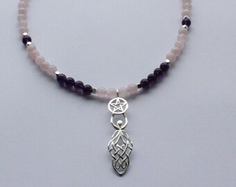 Rose Quartz and Amethyst Sterling Silver Celtic Goddess Choker Necklace, Rose Quartz Celtic Goddess Necklace, Amethyst Goddess Necklace