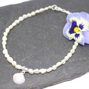 Sterling Silver Freshwater Pearls Shell Anklet Ankle Bracelet, Sterling Silver Shell Anklet, Sterling Silver Beach Anklet, Gift for Her