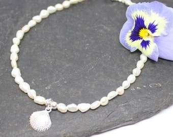 Sterling Silver Freshwater Pearls Shell Anklet Ankle Bracelet, Sterling Silver Shell Anklet, Sterling Silver Beach Anklet, Gift for Her