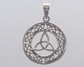 Sterling Silver Triquetra Pendant Necklace, Sterling Silver Celtic Triquetra, Triquetra Pendant Celtic Surround Necklace, Gift for Her