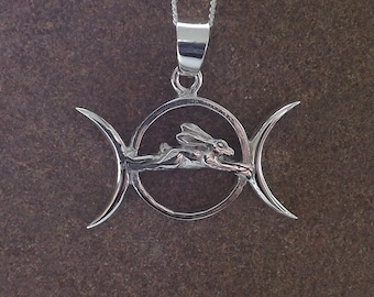 Sterling Silver Leaping Hare Triple Moon Pendant, Sterling Silver Hare Necklace, Silver Hare Jewellery, Triple Moon Necklace