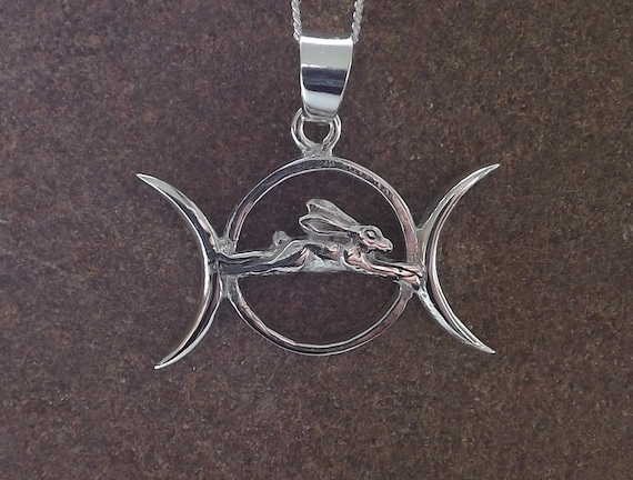 Sterling Silver Leaping Hare Triple Moon Pendant, Sterling Silver Hare Necklace, Silver Hare Jewellery, Triple Moon Necklace