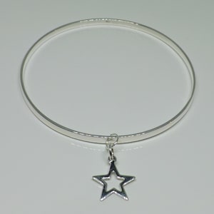 Solid Polished Sterling Silver 3mm Bangle & Sterling Silver Star Charm Bangle Solid Silver Bangle Gift for Her