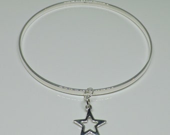 Solid Polished Sterling Silver 3mm Bangle & Sterling Silver Star Charm Bangle Solid Silver Bangle Gift for Her