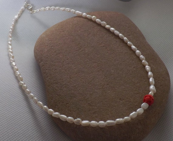 Beautiful Freshwater Pearls Necklace With Carved Coral Flower Bead, Sterling Silver Freshwater Pearls Coral Bead Necklace