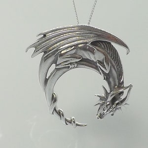 Sterling Silver Dragon Pendant, Sterling Silver Fantasy Dragon Necklace, Sterling Silver Dragon Jewelry Gift for Her Gift for Him