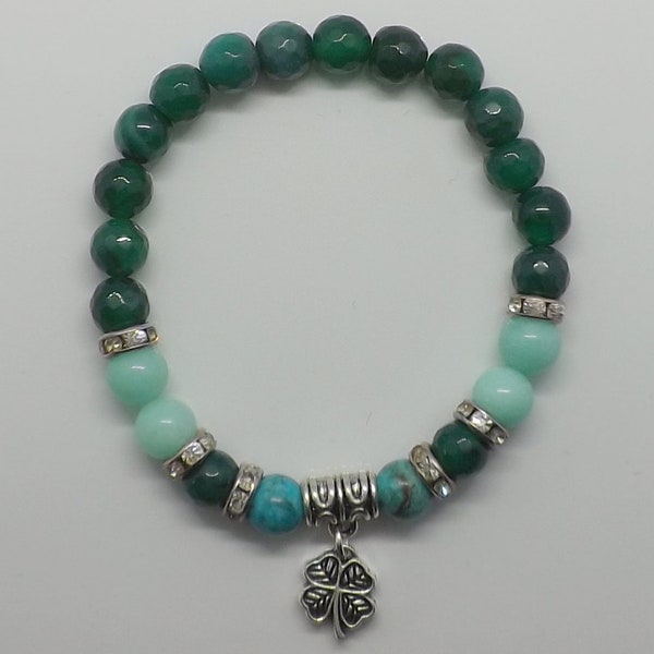 Green Agate Amazonite African Turquoise Lucky Shamrock 8mm Gemstones Bracelet, Healing Gemstones Mala Charm Bracelet Gift For Her/Him