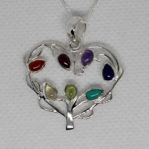 Sterling Silver Chakra Tree of Life Gemstones Heart Pendant Necklace, Sterling Silver Chakra Tree Jewelry, Sterling Silver Tree of Life