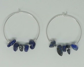 Sterling Silver Lapis Lazuli 30mm Hoop Earrings Sterling Silver Gemstone Hoops Large Sterling Silver Hoop Earrings