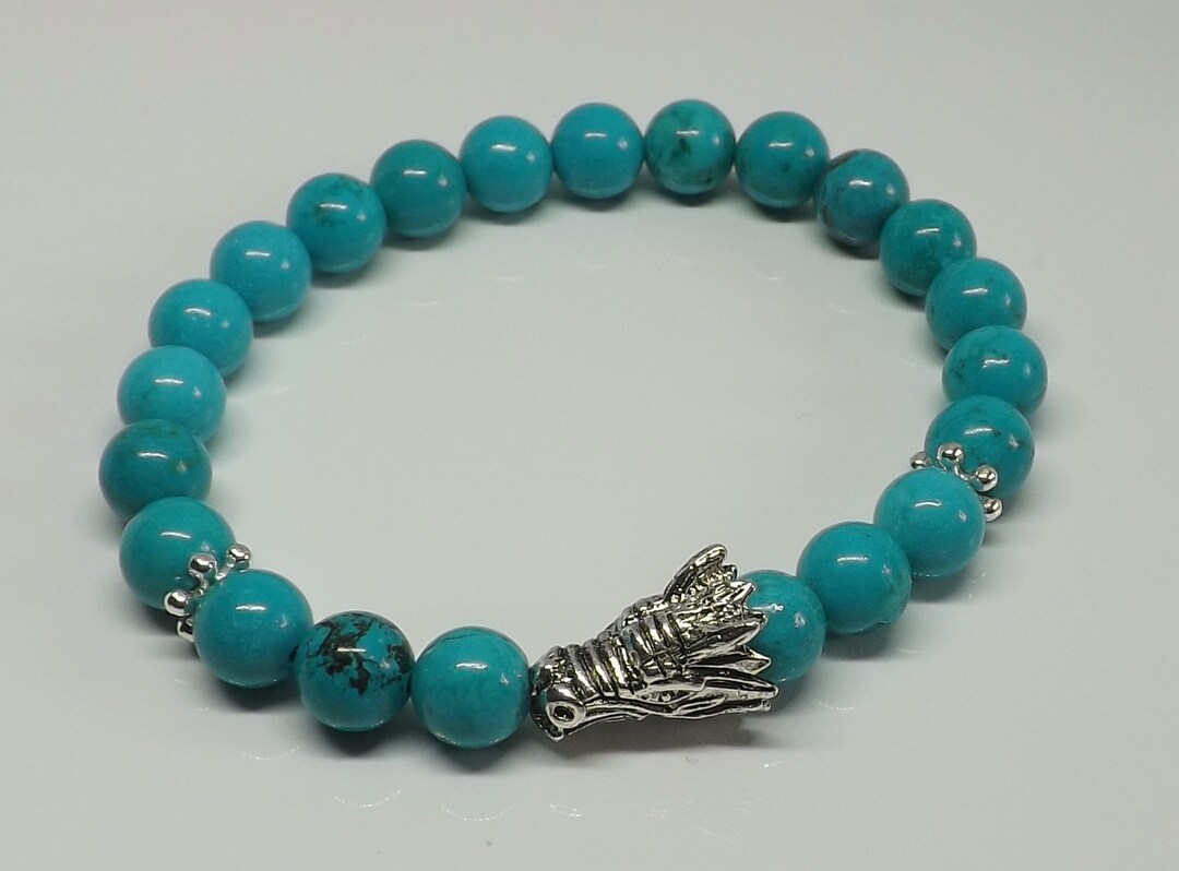 Turquoise 8mm Gemstone Beads Silver Dragon Bead Bracelet Healing Wrist
