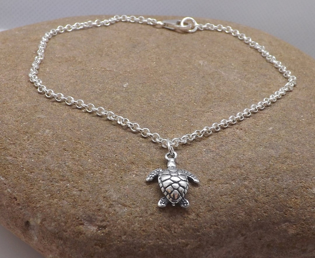 Sterling Silver Turtle Tortoise Charm Anklet Ankle Bracelet, Sterling