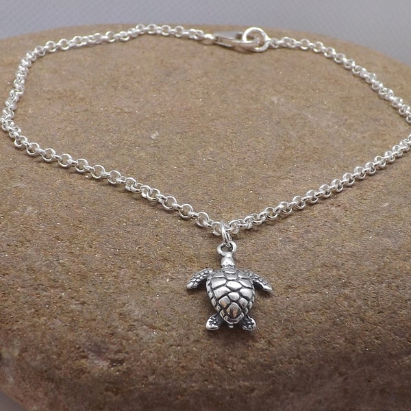 Sterling Silver Turtle Tortoise Charm Anklet Ankle Bracelet, Sterling Silver Charm Anklet, Beach Anklet, Gift for Her