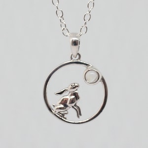 Sterling Silver Gemstone Moon Gazing Hare Pendant Necklace, Silver Hare Pendant, Moon Gazing Hare Jewellery, Sterling Silver Hare Necklace