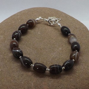 Bracelet sterling argent rayé de café Agate gemstone perles, bracelet de pierres précieuses de café Agate, bracelet en argent sterling