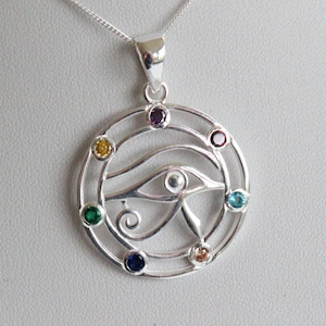 Sterling Silver Chakra Eye of Horus Egyptian Pendant Necklace, Sterling Silver Eye of Ra Pendant, Sterling Silver Chakra Egyptian Pendant