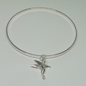 Solid Polished Sterling Silver 3mm Bangle & Sterling Silver Hummingbird Charm Solid Sterling Silver Charm Bangle Gift for Her