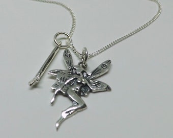 Sterling Silver Fairy With Wand Necklace Pendant 18" Sterling Silver Chain Fairy Sterling Silver Fantasy Pendant Gift for Her