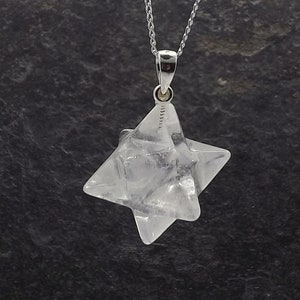 Sterling Silver Rock Quartz Crystal Merkaba Healing Pendant Necklace, Rock Quartz Merkaba Pendant, Healing Gift for Her/Him