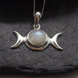 Sterling Silver Gemstone Triple Moon Pendant Hidden Pentagram Triple Moon Pendant Necklace Sterling Silver Goddess Jewellery Gift for Her