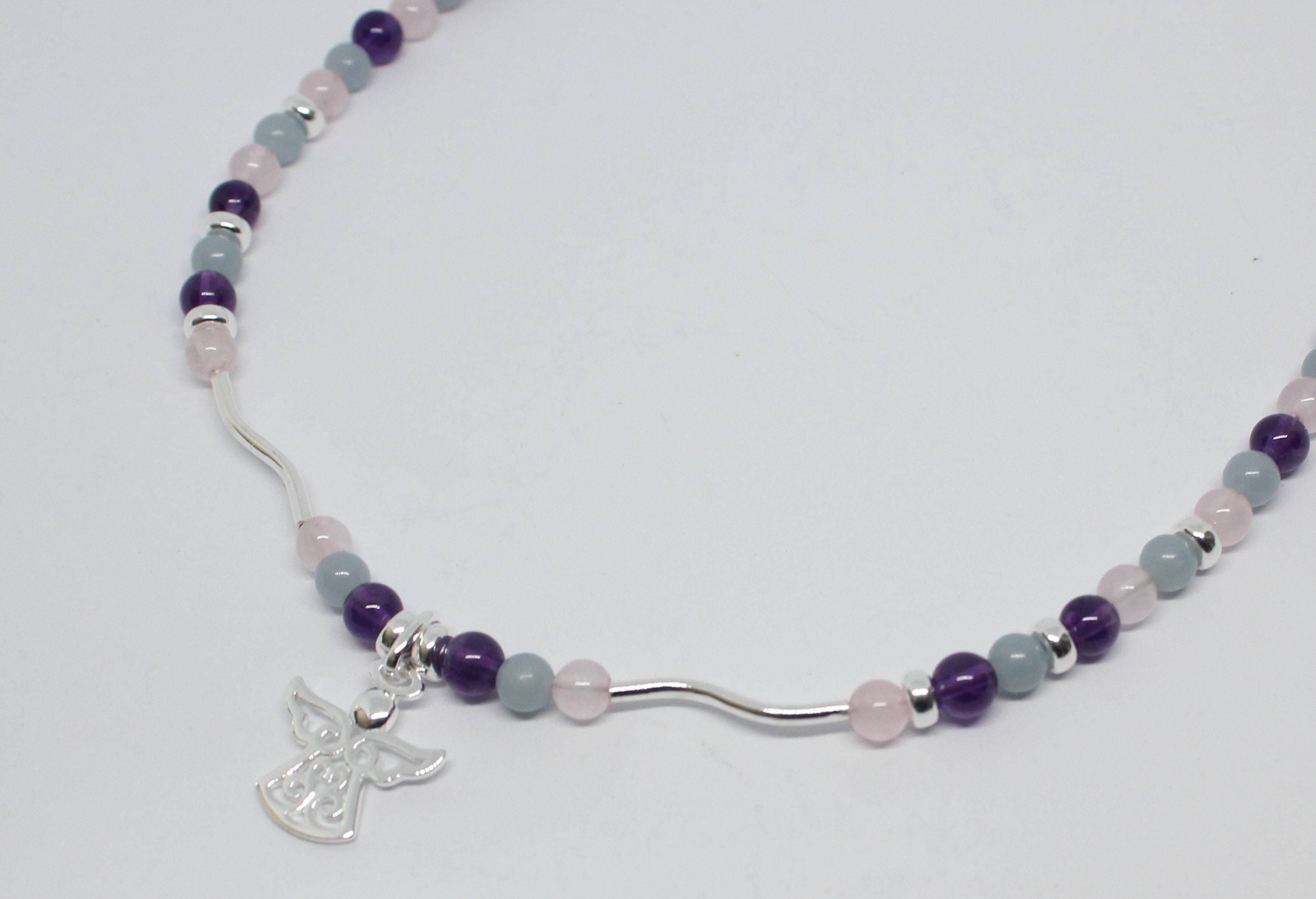 Sterling Silver Angel Necklace, Amethyst, Rose Quartz, Angelite Angel Protection Necklace, Angel Pendant Gemstones Necklace