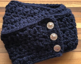Dark Blue Buttoned Infinity Scarf | Knitted Infinity Cowl | Womens Knit Scarf | Crochet Loop Scarf | Bulky Wool Scarf
