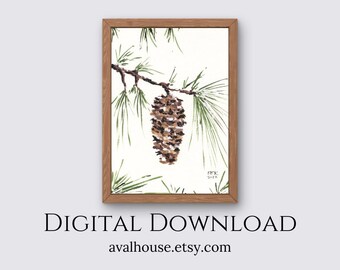 White Pinecone Digital Download | Instant Download Snowy Pinecone Art Print | Printable Christmas Wall Art | Download Printable Art